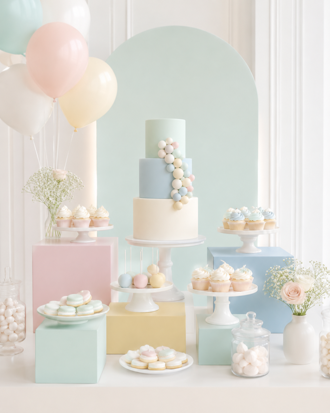 Mesa de postres pastel para baby shower