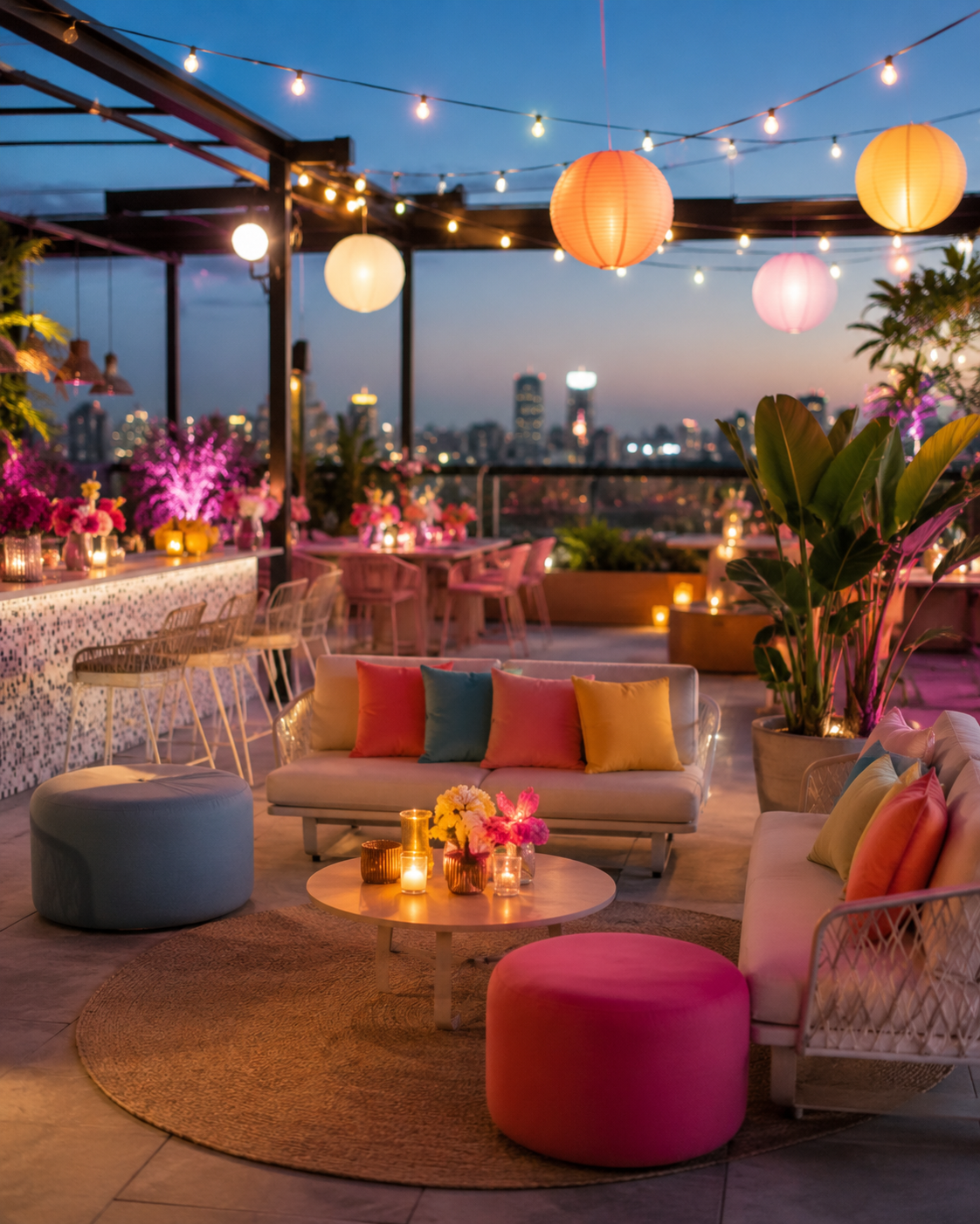 Lounge festivo en azotea al atardecer