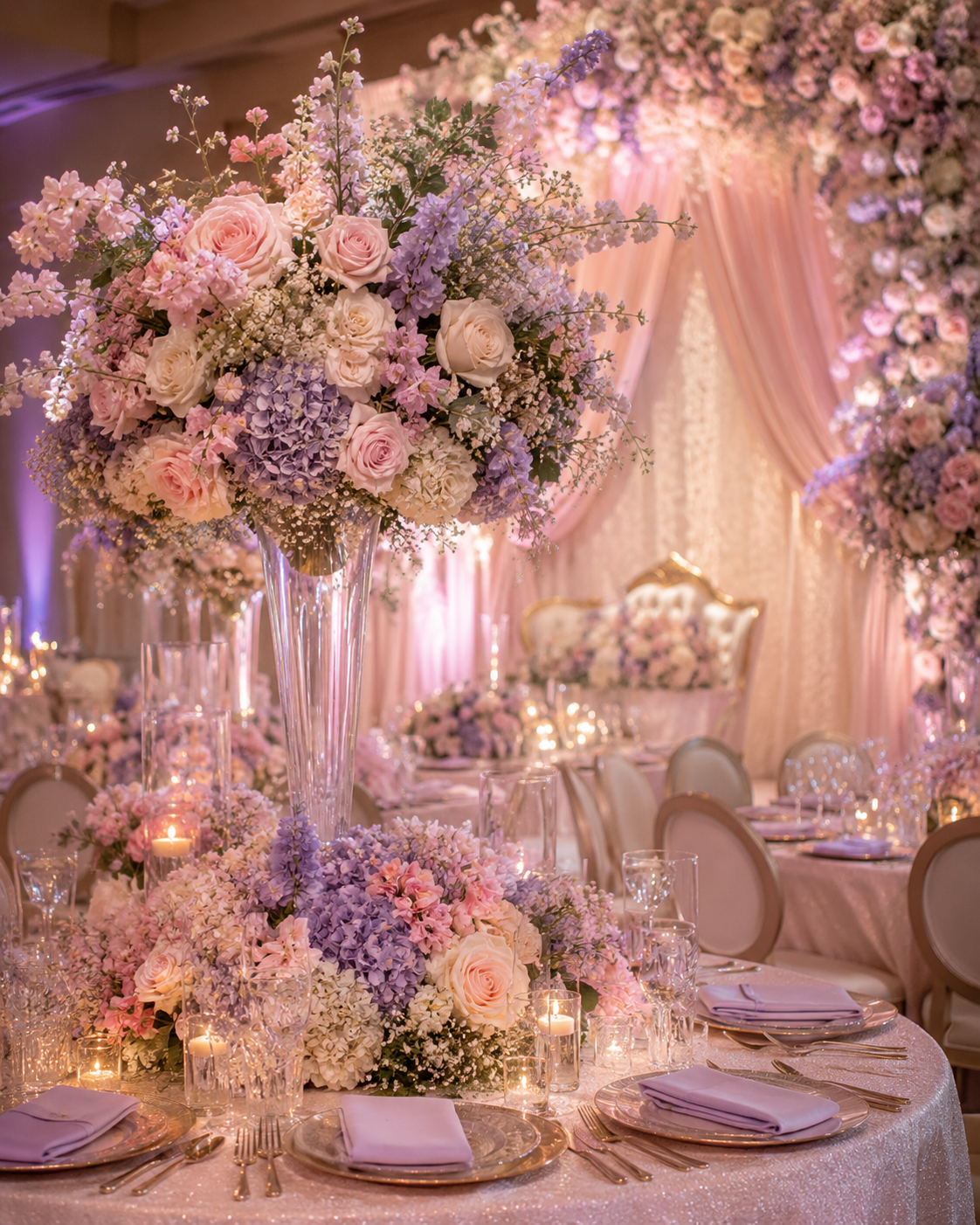 Banquete elegante con flores pastel